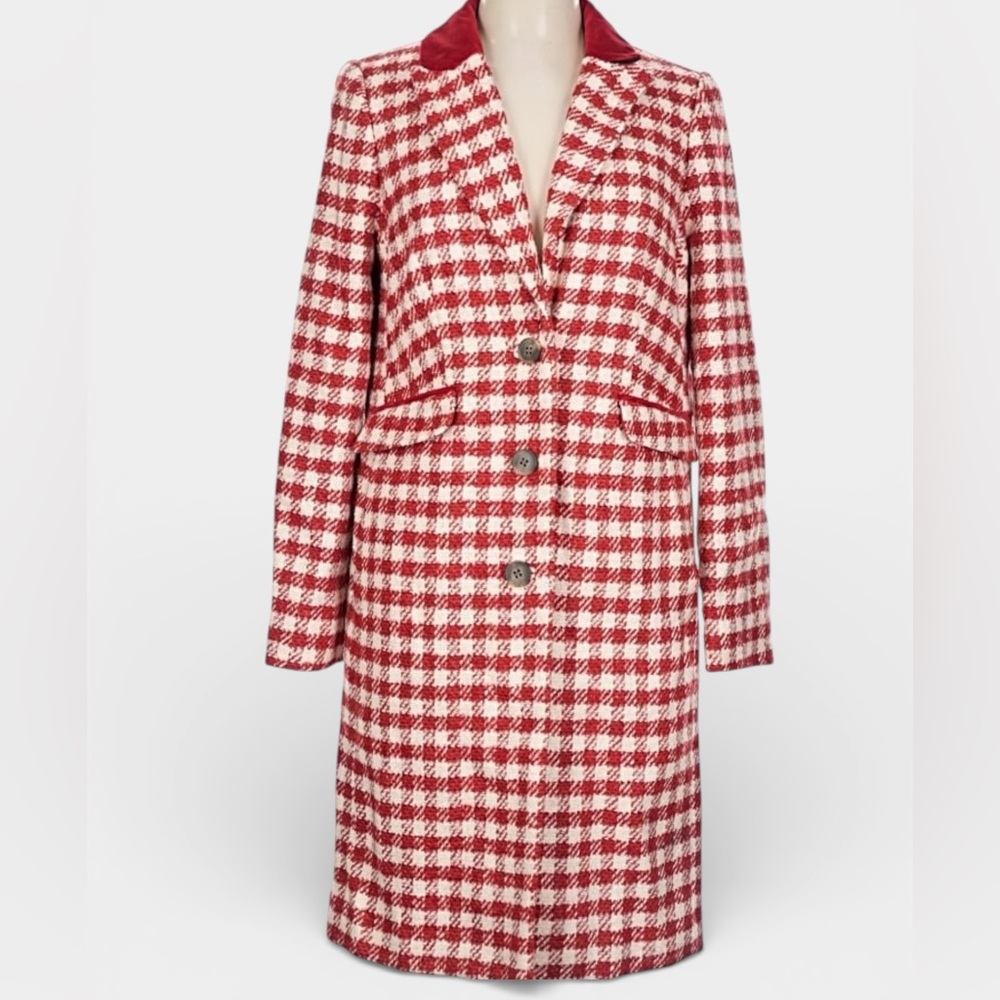 Boden Eastbourne Wool Blend Houndstooth Coat Red Cream UK 14L / US 10L - Picture 7 of 16